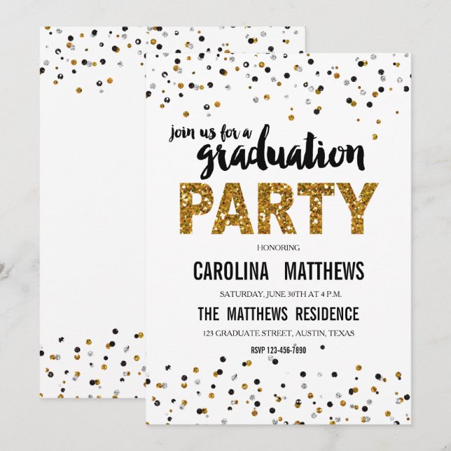Gold Glitter Polka Dot Graduation Party Invitation (Front/Back)