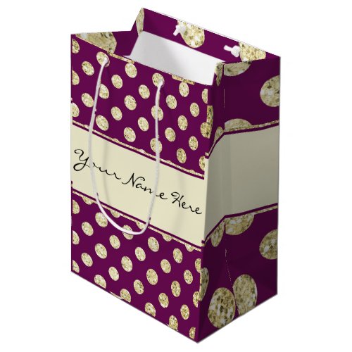 Gold Glitter Polka Dot on Personalized Purple Medium Gift Bag