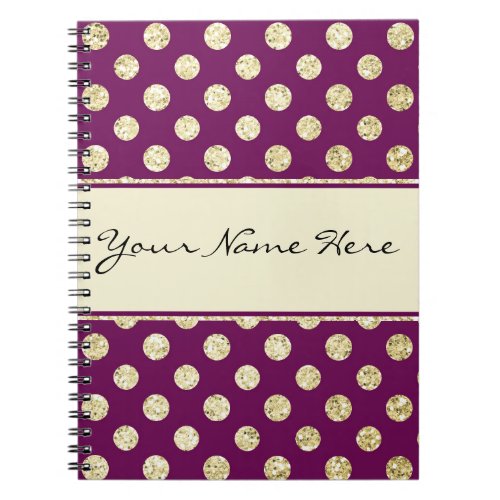 Gold Glitter Polka Dot on Personalized Purple Notebook