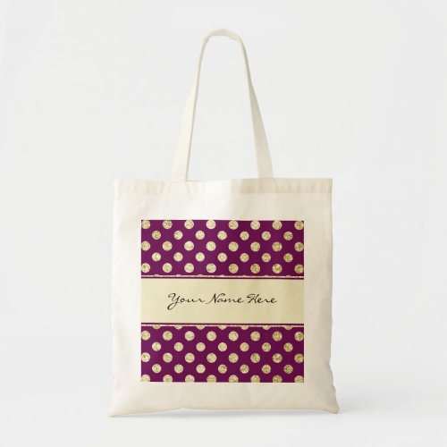 Gold Glitter Polka Dot on Personalized Purple Tote Bag