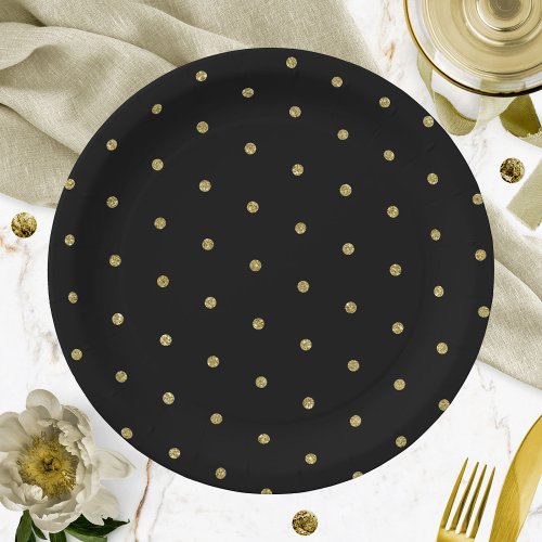 Gold Glitter Polka Dot Pattern Black  Paper Plates