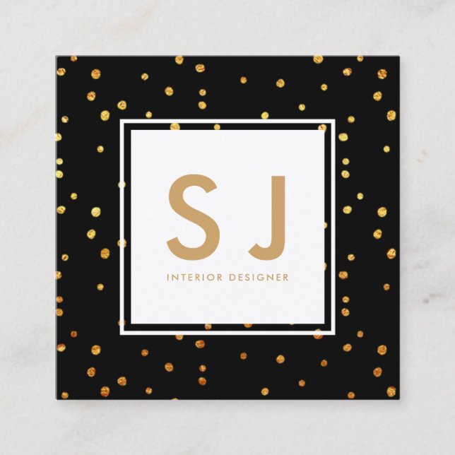 Gold Glitter Polka Dots Modern Interior Designer Square Business Card (Front)