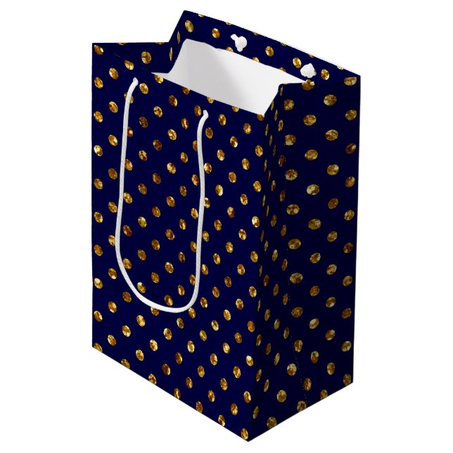Gold Glitter Polka Dots Navy Blue Medium Gift Bag (Front Angled)