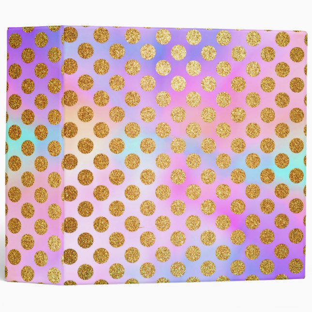 Gold Glitter Polka Dots on Rainbow Pastel 3 Ring Binder (Front/Spine)