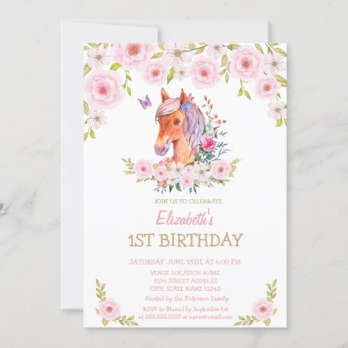 Gold Glitter Pony Floral Birthday  Invitation