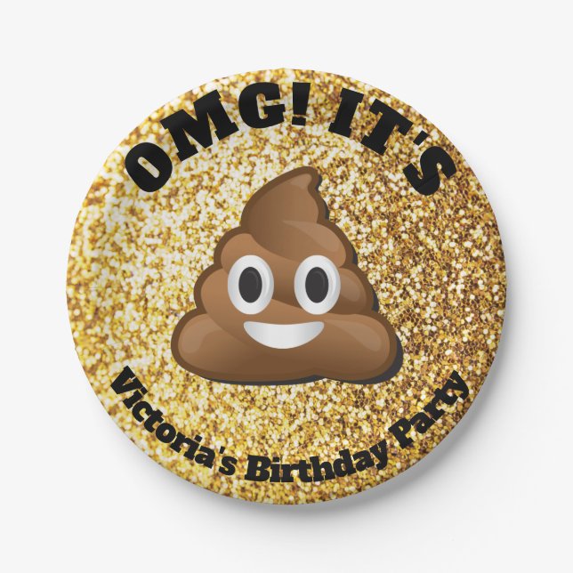 Gold Glitter Poop Emoji Paper Plates (Front)