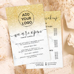 gold glitter prices logo chic marble We're open Flyer<br><div class="desc">Tell your customer about your new re-opening with new safety measures...  with this yellow gold glitter ombre on chic white marble ,  add your logo and add your prices lists and services at the back</div>