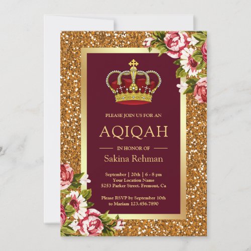 Gold Glitter Princess Burgundy Floral Aqiqah