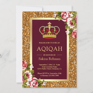 Gold Glitter Princess Burgundy Floral Aqiqah Invitation