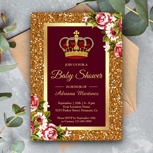 Gold Glitter Princess Burgundy Floral Baby Shower Invitation