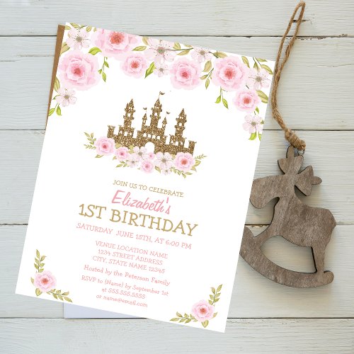 Gold Glitter Princess CastleFloral Birthday  Invitation