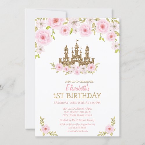 Gold Glitter Princess CastleFloral Birthday  Invitation