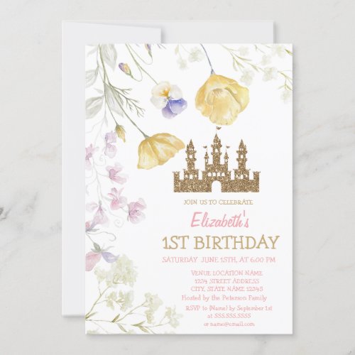 Gold Glitter Princess Castle Wildflowers Birthday  Invitation