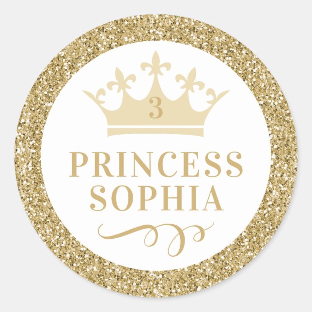 Gold Glitter Princess Party Favor Sticker Label (Front)