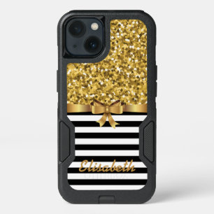 GOLD Glitter printed black STRIPE BOW monogram iPhone 13 Case