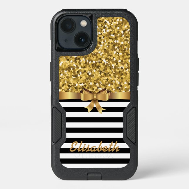 GOLD Glitter printed black STRIPE  BOW monogram Otterbox iPhone Case (Back)