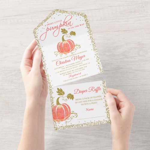 Gold Glitter Pumpkin Baby Shower Diaper Raffle All In One Invitation