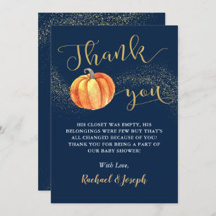 Gold Glitter Pumpkin Navy Blue Boy Baby Shower Thank You Card