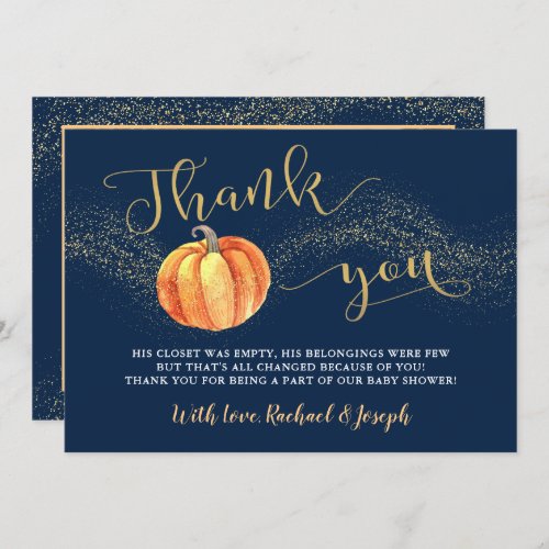 Gold Glitter Pumpkin Navy Blue Photo Baby Shower Thank You Card