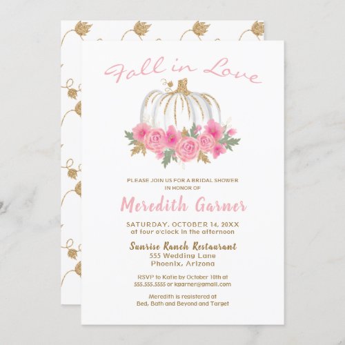 Gold Glitter Pumpkin Pink Florals Bridal Shower Invitation