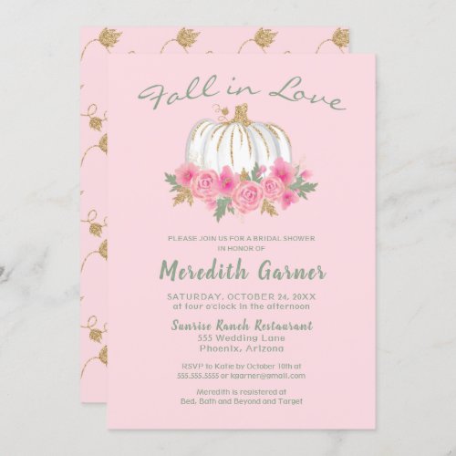 Gold Glitter Pumpkin Pink Florals Bridal Shower Invitation