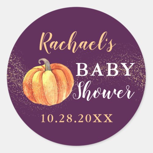 Gold Glitter Pumpkin Purple Baby Shower Classic Round Sticker