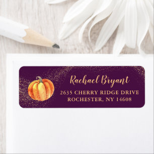 Gold Glitter Pumpkin Purple Fall Return Address Label