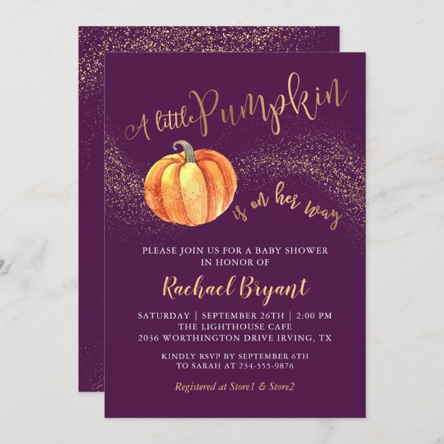 Gold Glitter Pumpkin Purple Girl Baby Shower Invitation (Front/Back)