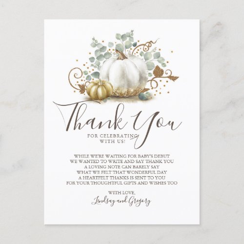 Gold Glitter Pumpkins and Greenery Thank You Postcard