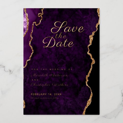 Gold Glitter Purple Agate Save the Date Gold Foil Invitation