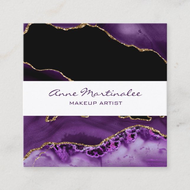Gold Glitter Purple Agate Square Business Card (Front)