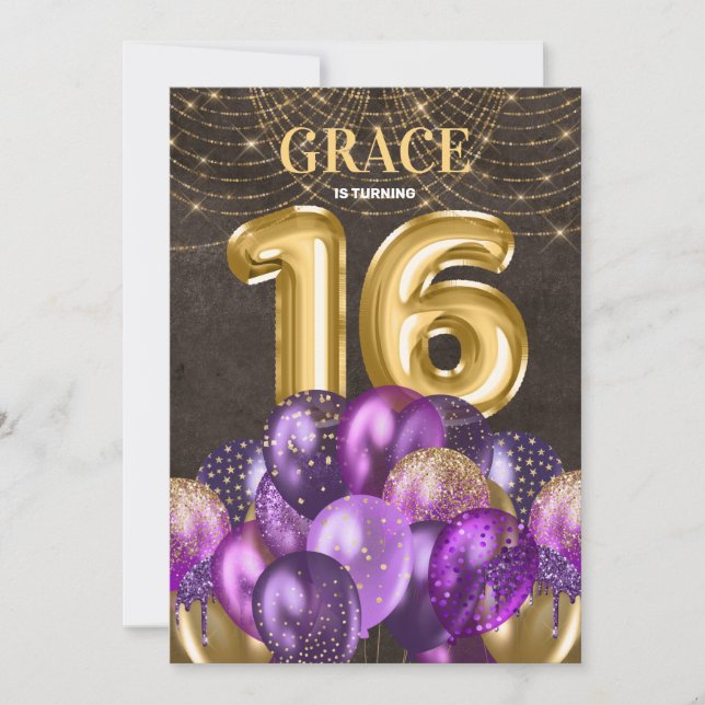 Gold Glitter Purple Balloons 16th Birthday Party Invitation (Front)