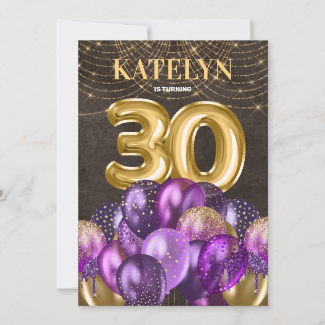 Gold Glitter Purple Balloons 30th Birthday Party Invitation (Front)