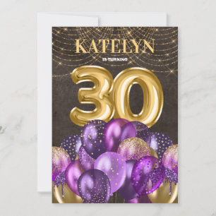 Gold Glitter Purple Balloons 30th Birthday Party Invitation