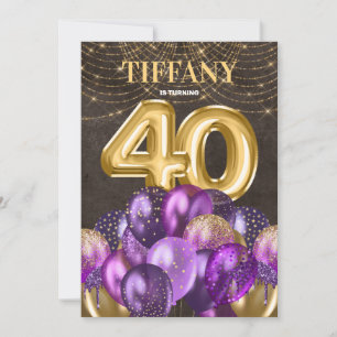 Gold Glitter Purple Balloons 40th Birthday Party Invitation
