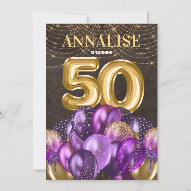 Gold Glitter Purple Balloons 50th Birthday Party Invitation (Front)