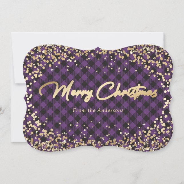 Gold Glitter Purple Buffalo Plaid Christmas Cards (Front)