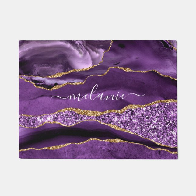 Gold Glitter Purple Doormat with Custom Name (Front)