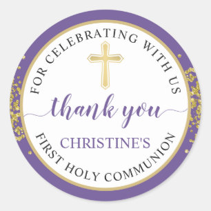 Gold Glitter Purple First Communion Thank You Classic Round Sticker