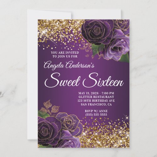 Gold Glitter Purple Floral Glam Sweet Sixteen Invitation