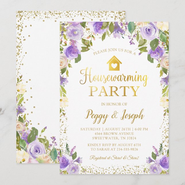 Gold Glitter Purple Floral Housewarming Invitation (Front/Back)