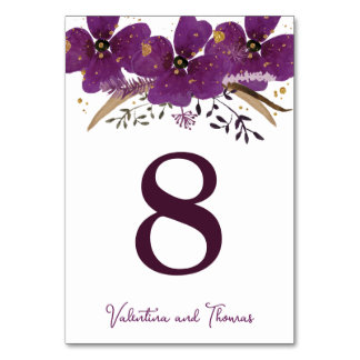 Gold Glitter & Purple Flowers Wedding Table Number