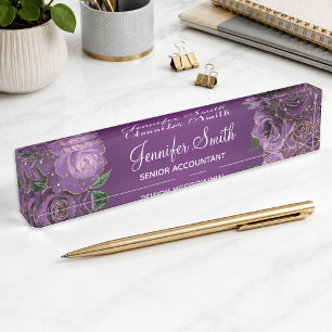 Gold Glitter Purple Glam Roses Desk Name Plate