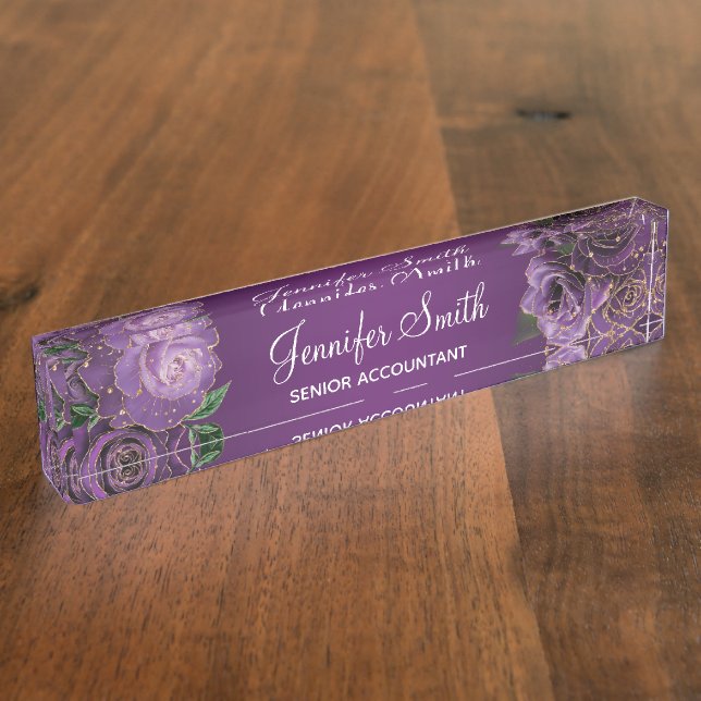 Gold Glitter Purple Glam Roses Desk Name Plate (Side)