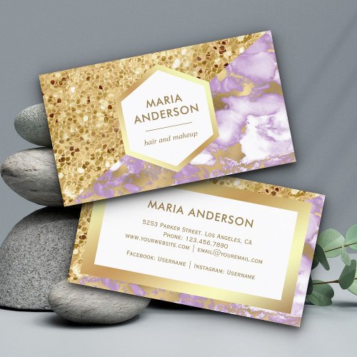 Gold Glitter Purple Lavender Marble Makeup Artist Business Card