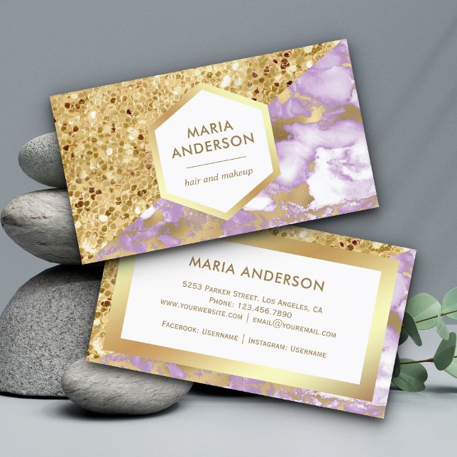 Gold Glitter Purple Lavender Marble Makeup Artist Business Card (Creator Uploaded)