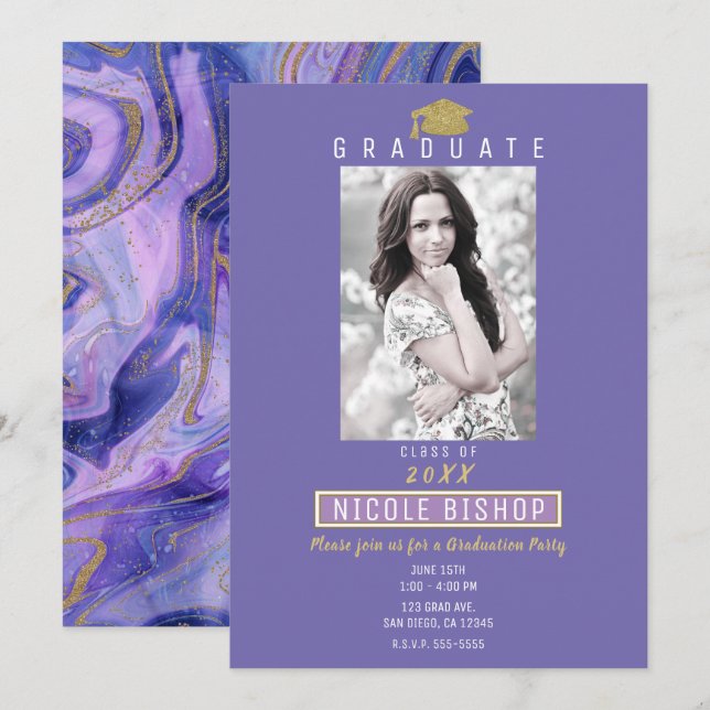 Gold Glitter Purple Marble Glam Graduation Party   Invitation (Front/Back)