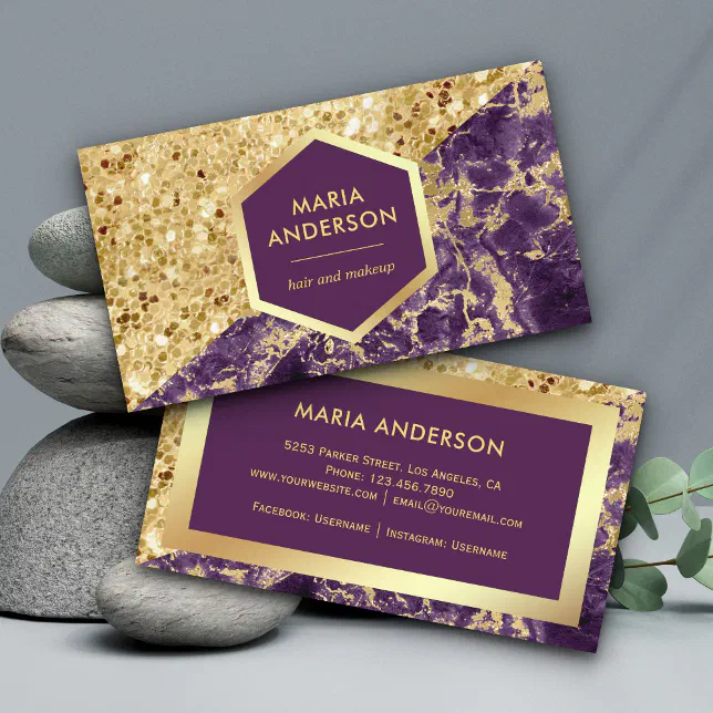 Gold Glitter Purple Marble Makeup Artist Business Card | Zazzle