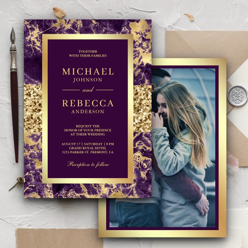Gold Glitter Purple Marble Photo Wedding Invitation