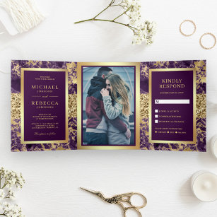 Gold Glitter Purple Marble Photo Wedding Tri-Fold Invitation